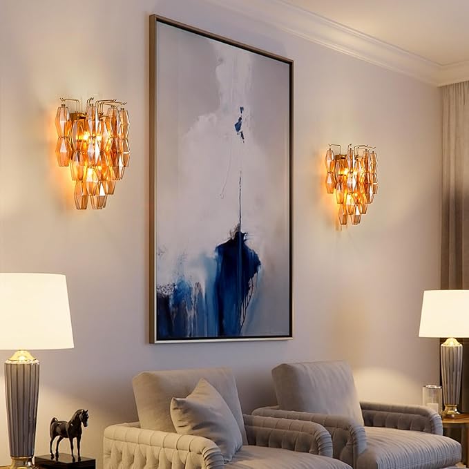 Brass Wall Sconce, Modern Gold Sconce Wall Lighting, Amber Glass Sconces for Bathroom, Luxury Wall Lights for Living Room, Wall Lamp for Bedroom, Vanity Light for Hallway, Staircase