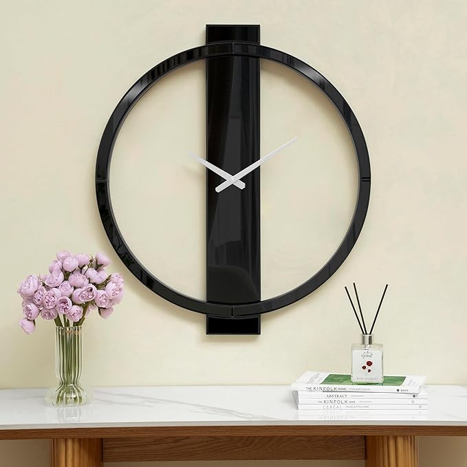 SHYFOY 23.6x26.8 Black Mirror Wall Clock, Modern Design with Beveled Edges, Battery Powered, Easy Mount