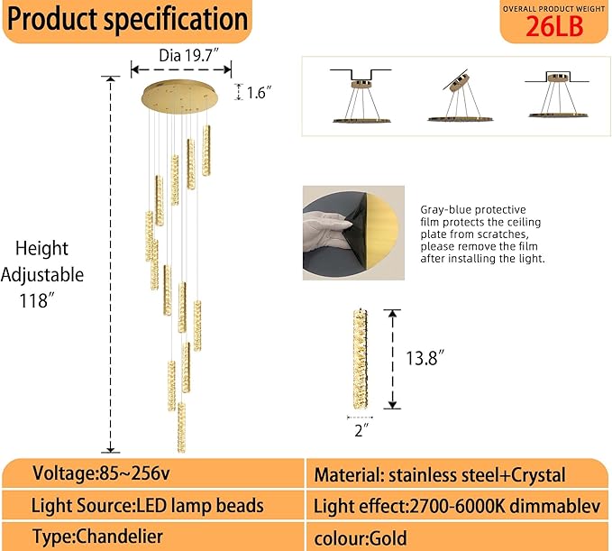 IDEQU Modern LED 120inch Long Spiral Staircase Crystal Chandelier High Ceiling Chandelier Lighting for Foyer Hallway 12-Light Gold Dimmable 2700K-6000K