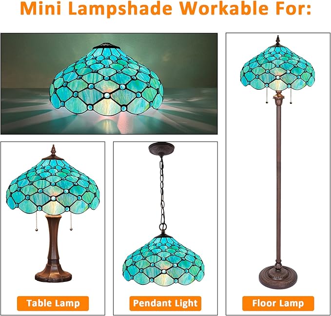Capulina Tiffany Lamp Shade 16 Inches Wide Accessories Replacement Seagrass Blue Beads Style Stained Glass Lampshade for Table Lamp Floor Lamp