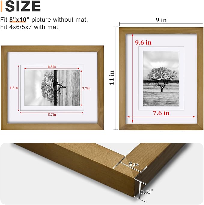Egofine 8x10 Picture Frames 4 Pack, for Pictures 4x6 or 5x7 with Mat Made of Solid Wood Covered by Plexiglass for Table Top Display and Wall Mounting Photo Frames, Light Brown