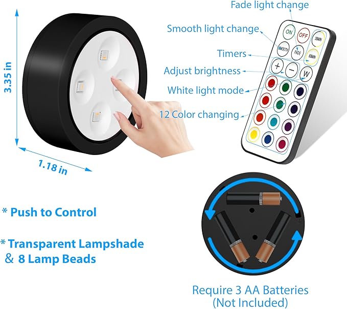 3Pcs Picture Lights for Wall, 13 RGB Color Magnetic Led Art Display Light for Picture Frame, Wireless Battery Operated Painting Light with Remote Control, Party Home Wall Decor Puck Lights, Black-RGB