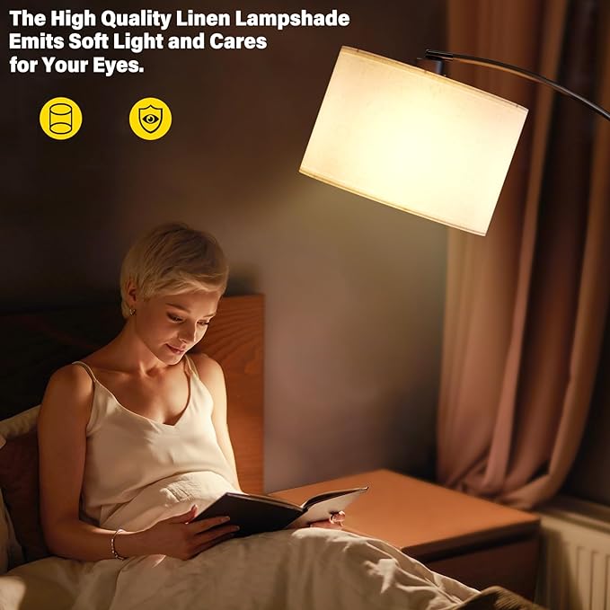 SUNMORY Arc Floor Lamp with 3 Color Temperature, Modern Floor Lamp with 9w A19 LED Bulb, 75″ Height Tall Lamp for Living Room with Hanging Drum Shade & Weighted Base. Arched Standing Lamp for Bedroom