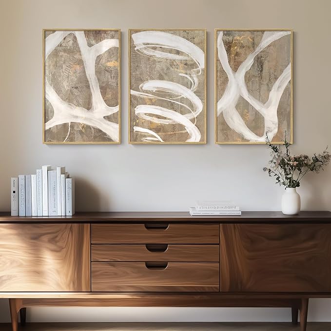 Framed Abstract Wall Art for Living Room, 3 Piece Modern Brown Beige Canvas Painting Artwork for Walls, Large Minimalist Neutral Lines Abstract Wall Decor, Hallway, Bedroom, Office, 24x36 Inch