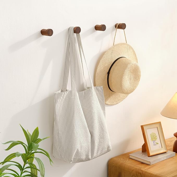 Wood Wall Hooks for Hanging, 6 Pack Rustic Coat Hooks Wall Mount, Handmade Wooden Pegs Hat Hook, Entryway Walls Hanger for Coat Purse, Boho Bathroom Towel Rack (Walnut Wood)