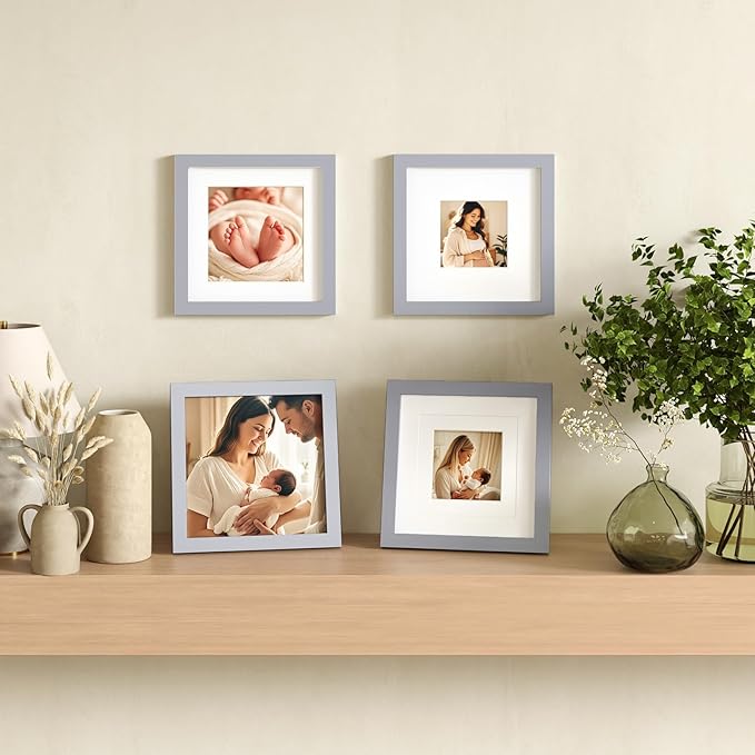 Egofine 8x8 Picture Frames 4 Pack, for Picture 4x4 with Mat or 8x8 whitout Mat Made of Solid Wood Covered by Plexiglass for Table Top Display and Wall Mounting Photo Frame, Light Gray
