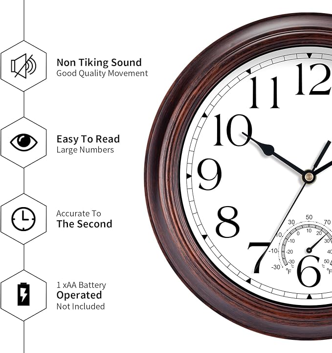 8.5 Inch Outdoor Wall Clock with Thermometers, Vintage Silent Wall Clocks Battery Operated, Retro Non-Ticking Clock Decorative for Living Room, Patio, Kitchen, Office, Bathroom, Bedroom(Bronze)