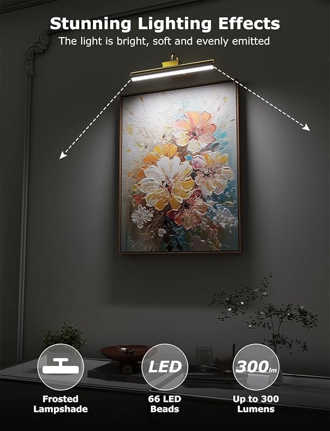 Picture Light Battery Operated, Wireless Art Light for Paintings, Dimmable 5000mAh Recharging Battery Picture Light with Remote Control for Wall, Gallery Dartboard Art Bedroom (Gold-1Pack)