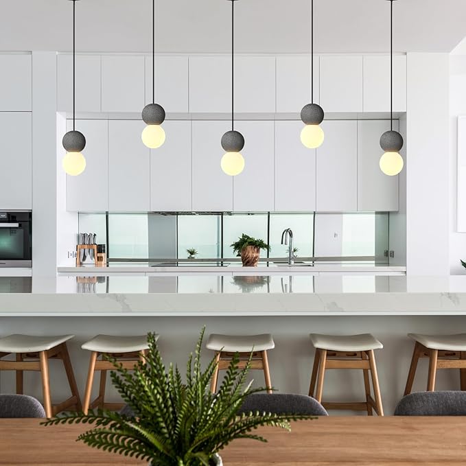 Modern Black 1-Light Concrete Pendant Light Kitchen Island Ceiling Light Fixture White Glass Globe Ball Pendant Lighting for Dining Room Coffee Club Resturant Bar Living Room(3-Pack)
