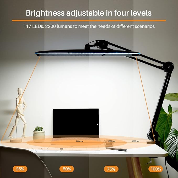 Task Lamp with Clamp, Bright 117PCS LEDs, Metal Swing Arm 24W 2200 Lumen Dimmable Led Desk Lamp for Architect Home Office Study Reading Dorm Workbench Craft, 23 Inch Working Lamp(Black)