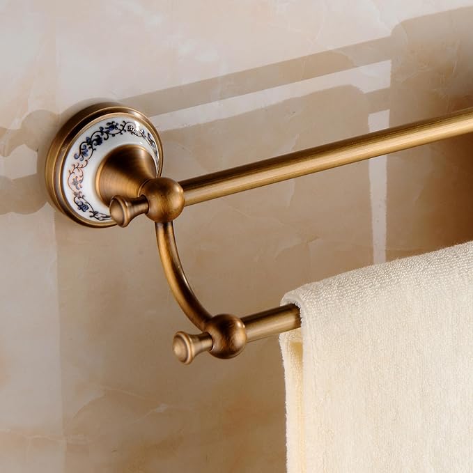 Antique Bronze Brass Double Towel Bar,Adjustable 15.5 to 27.5 Inch Bath Towel Bar Rack for Bathroom Towel Holder, Wall Mounted Bathroom Hardware Accessories,Porcelain Design