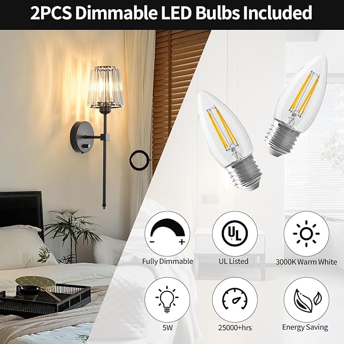 Crystal Wall Sconces Set of 2, Dimmable Wall Sconce with Plug in Cord and Dimmer Matte Black Plug in Wall Lamp Wall Mounted Light with Crystal Shade for Living Room Bedroom Vanity Light Bulbs Included