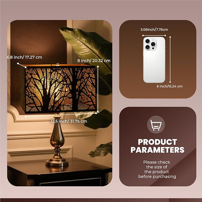 ALUCSET Rectangular Small Lamp Shade with Etched Forest Pattern, Metal Lampshade (12.5+6.8)'' Top and Bottom X 8'' Height, Vintage Replacement Light Cover for Table Floor Lamps