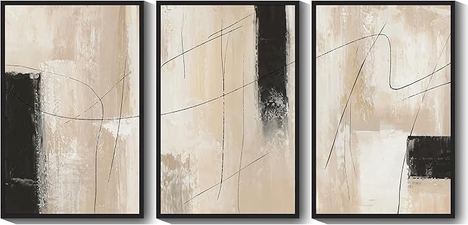 KUVIOKE Abstract Framed Wall Art Minimalist Beige Pastel Watercolor Neutral Wall Decor Modern Black Line Art Painting Home Decor 24x36in (Black Framed)