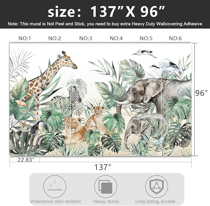 -Tropical Rainforest Plants Animals Tigers Fabric Wallpaper Jungle Plants Banana Leaves Boys Girls Kindergarten Children Bedroom Large Mural- 137"x96"（ not Peel and Stick）