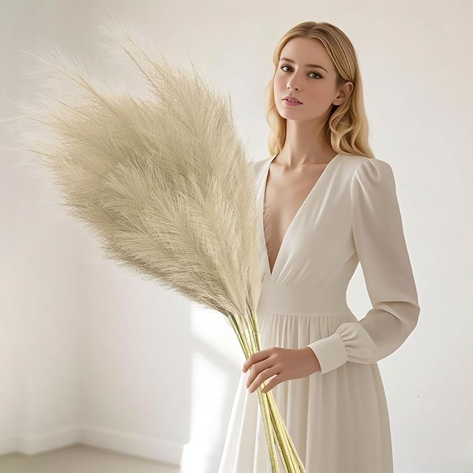 8 Pcs Light Coffee Tall Faux Pampas Grass Decor, 45 Inches Artificial Pampas Grass Bulk, Large Faux Pompas Dried Decor for Floor Vase Filler, Home Boho, Wedding Anniversaries, Baby Shower Decoration