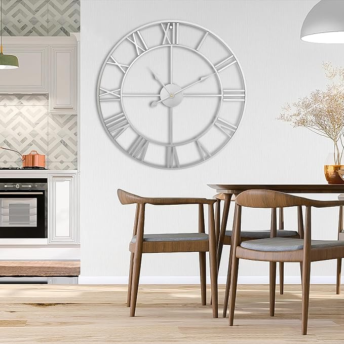 Large Wall Clock, 24-Inch(60CM) Roman Numeral Decorative Art,Completely Silent, Non Ticking, Battery-Operated Metal for Living Room, Bedroom and Kitchen-Silver