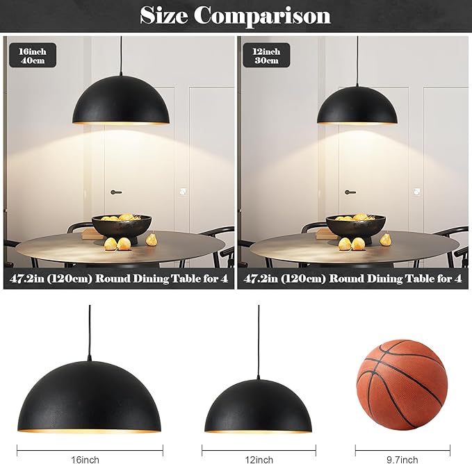Industrial Pendant Lighting for Kitchen Island, 16 Inch Black and Gold Metal Dome Pendant Light Fixtures, Hemispherical Hanging Ceiling Light E26 Base for Reading Dining Room Foyer Cafe, 2 Pack