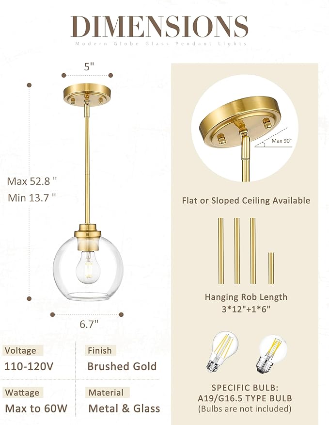 Modern Polished Gold Pendant Light, 7Inch Mid Cenrury Globe Hanging Light Fixture with Clear Glass for Kitchen Island Dining Room Bedroom Hallway Foyer (1 Pack), PL101BG