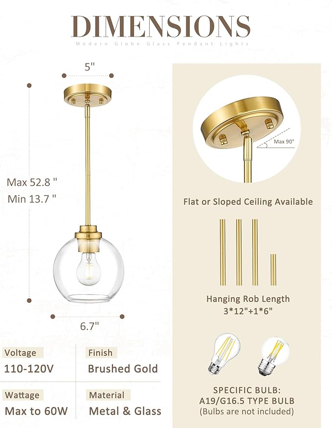 Modern Polished Gold Pendant Light, Mid Century Globe Hanging Light Fixture with Clear Glass for Kitchen Island Dining Room Bedroom Hallway Foyer (2 Pack), PL101BG-2PK