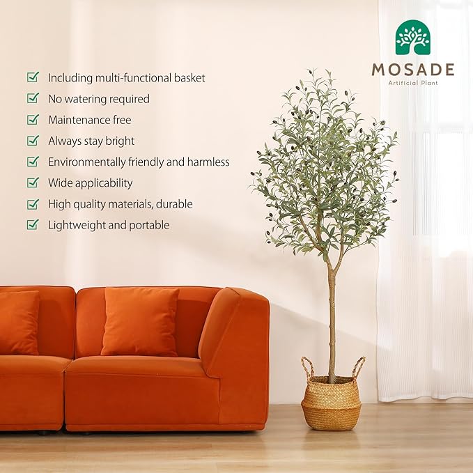 Artificial Olive Tree 6FT – Tall Faux Tree with Realistic Silk Leaves, Handmade Seagrass Basket, Low-Maintenance Large Fake Plants for Modern Office, Floor & Home Decor, Living Room, Indoor Plants
