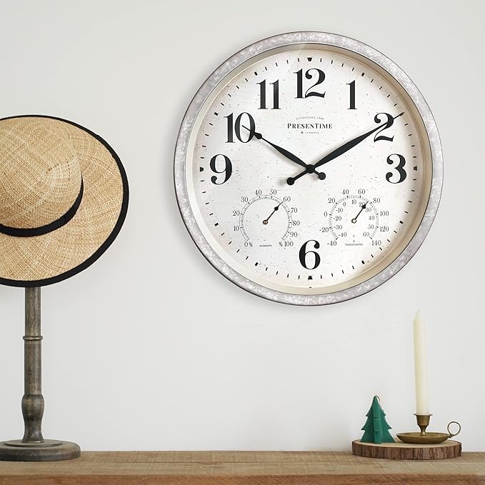 Presentime & Co 16" Farmhouse in/Outdoor Clock with Thermometer&Hygrometer as All in One Weather Station, Galvanized Décor, Wall Art and Timepiece for Farmhouse Decoration, Light Galvanized Finish