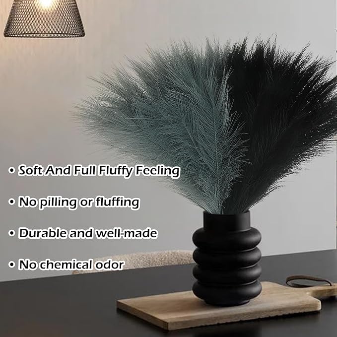 60 Pcs Pampas Grass Black and Dark Grey Decor 21.7" Fluffy Faux Short Pampas Grass Artificial Small Pompas Grass Flower Vase Filler for Home Wedding Decoration