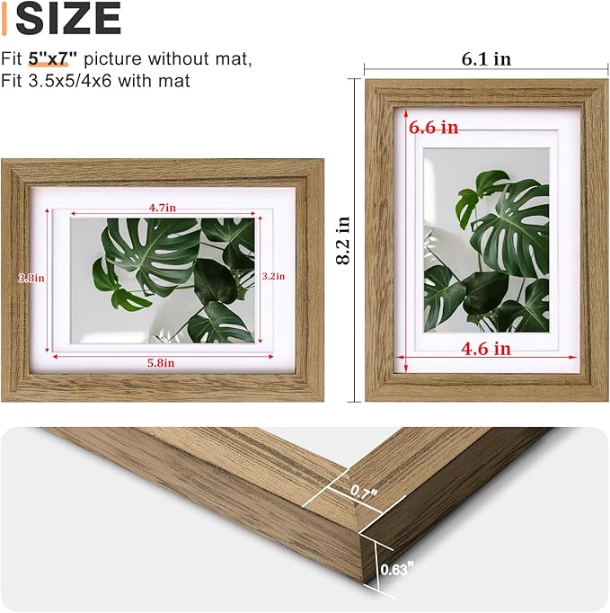 Egofine 5x7 Picture Frames with Plexiglass, Display Pictures 3.5x5/4x6 with Mat or 5x7 Without Mat Set of 4 for Tabletop and Wall Mounting, Carbonized Brown