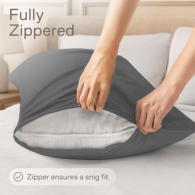 Ultra Soft Pillow Protectors with Zipper Standard Size - Set of 4 Breathable Pillow Covers - 100% Protection Against Stains, Dust & Dirt - Machine Washable (Gray)
