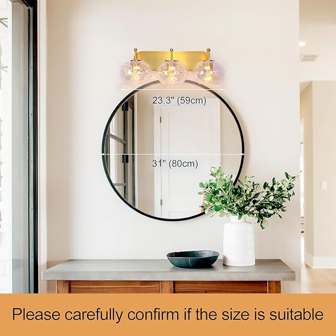 23" Brushed Gold Vanity Light Stained Hammered Glass Wall Sconce 3-Light Brass Wall Lamp for Hallway Living Room Stairwell Bathroom Over Mirror (Brass Gold, 3-Light)