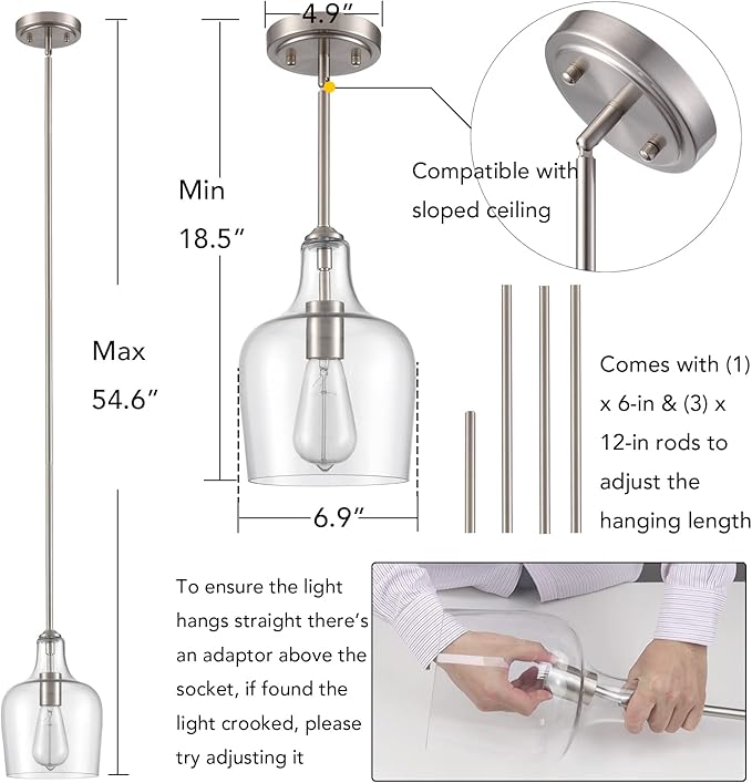 Modern Farmhouse Pendant Lighting for Kitchen Island Glass Pendant Light Brushed Nickel, 1-Light