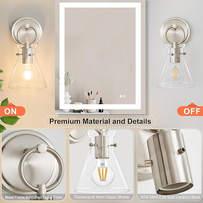 Wall Sconce for Bathroom Modern Vanity Light Fixtures Hardwired Wall Mount Lighting Lamp Farmhouse Wall Lights with 6" Clear Glass Shade for Bedroom Living Room, Brushed Nickel, 1 Pack