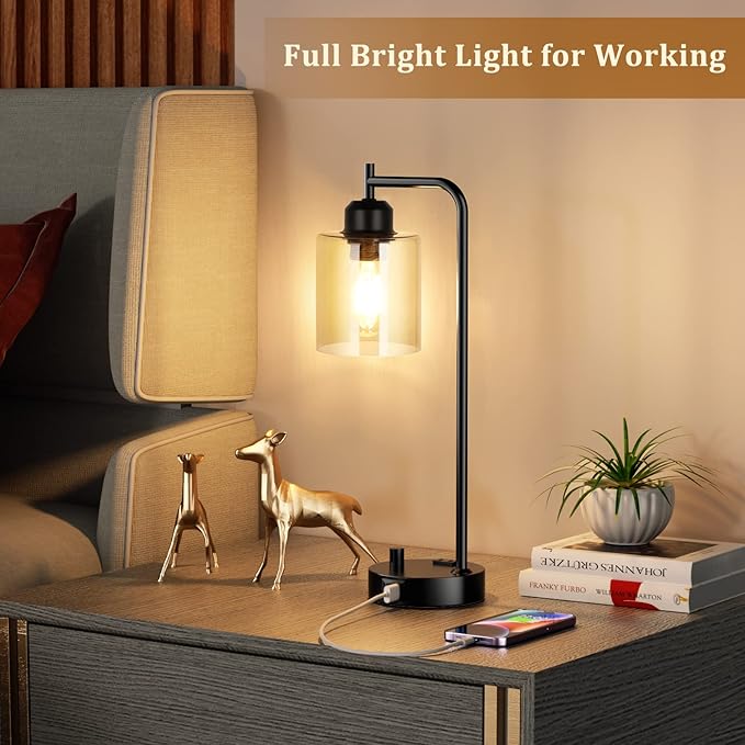 Industrial Bedside Desk Lamps for Bedroom - Grey Smoked Glass Shade Table Lamp with USB C Port, Fully Dimmable Small Lamps with USB Port and Outlet, Reading Nightstand Lamps for Office Living Room