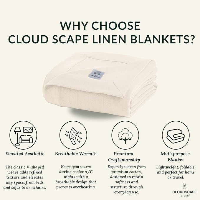 Cloud Scape Linen Herringbone Cotton Throw Blanket for Couch, Bed,Sofa, Home Decor, Soft, Lightweight, All-Season Bed Blanket, 50 x 70, Ivory