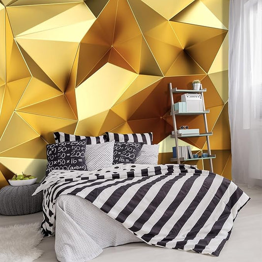 -3D Gold Geometry Fabric Wallpaper Living Room Bedroom Bathroom Modern Large Wall Mural- 137"x96"（ not Peel and Stick）