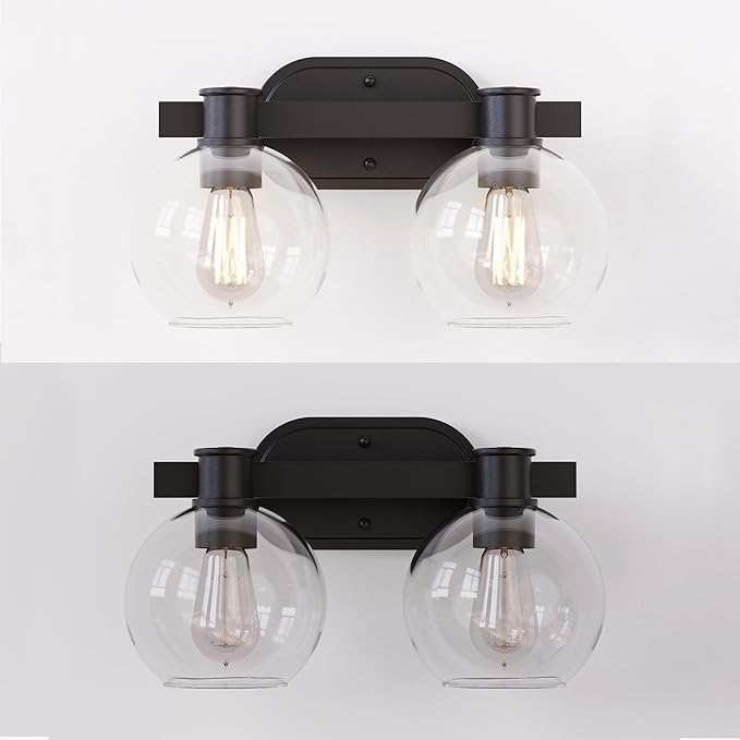 Dan Modern Farmhouse 2-Light Vanity Light Wall Sconce Lighting with Clear Glass Globe Shade in Light Black Finish for Bedroom, Hallway, Kitchen