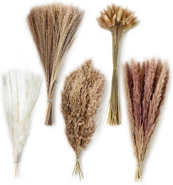 110PCS Dried Pampas Grass Decor, 5 Styles Natural Dried Fluffy Pampas Grass Boho Home Decor Bouquet for Home Decor, Wedding, Party