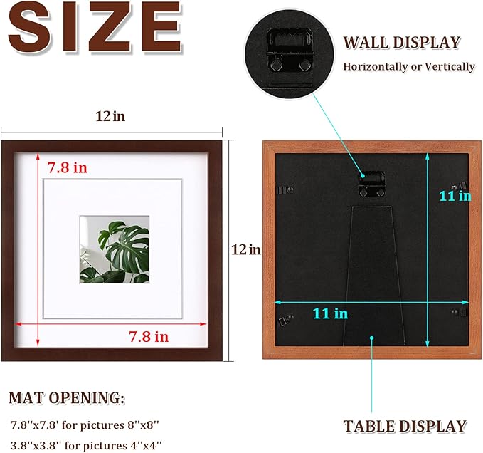 Egofine 11x11 Picture Frames 4 Pack Covered by Plexiglass, Display Pictures 8x8 with Mat or 11x11 Without Mat Made of Solid Wood for Table Top Display and Wall Mounting Photo Frame, Walnut Color