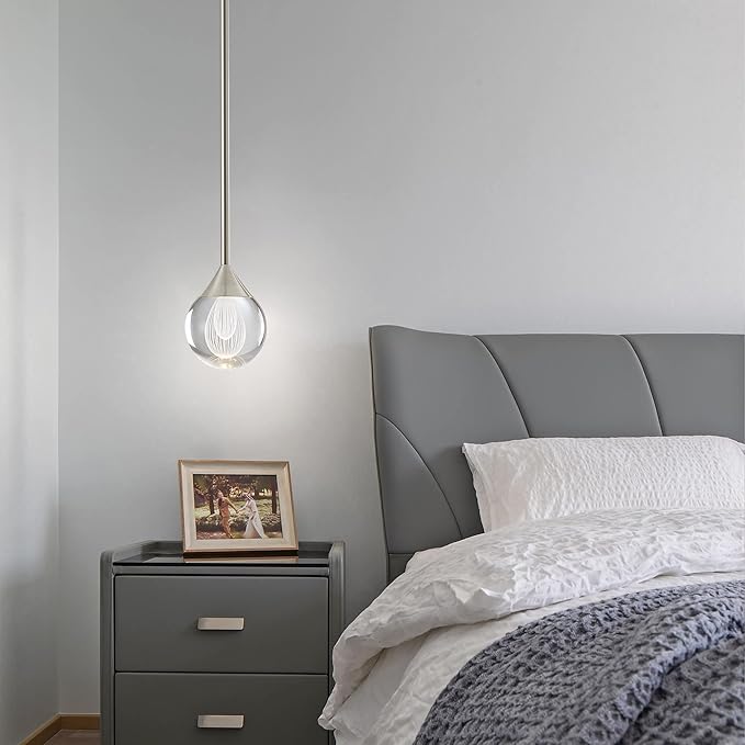 1-Light Teardrop Crystal Pendant Light, Mini LED Crystal Globe Hanging Light Fixture, Modern Ceiling Pendant Lighting for Kitchen Island Dining Room Bedroom Bar 3000K 8W Brush Nickel