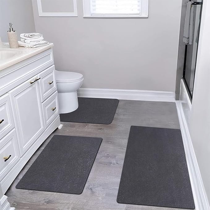 Diatomaceous earth bath mat Bathroom Rugs Sets 3 Piece Super Absorbent Quick Dry Bath Mats, Rubber Non Slip Shower Mat and Toilet Mat U Shape, Shower Rug for in Front of Bathtub Shower, Dark Grey