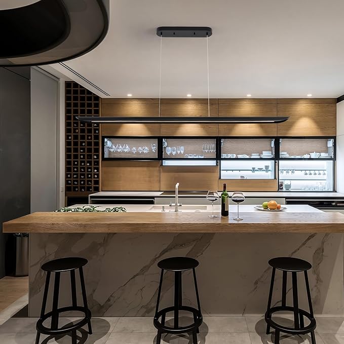 55" Modern LED Linear Pendant Light,Dimmable Kitchen Island Light 40W LED lsland Lights for Kitchen,Adjustable Linear Chandelier for Dinning Room Light Fixture, Bar, Pool Table Light Black Wood Finish