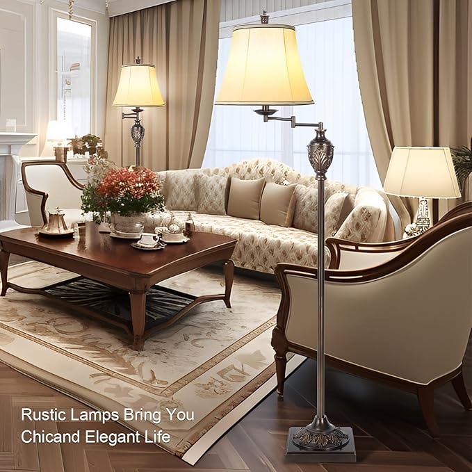 Traditional LED Floor Lamp with 350° Adjustable Swing Arm Lamp – Vintage Standing Pole lamp for Living Room, Bedroom and Office – Rustic Upright Floor Light for Home Décor with Faux Silk Fabric Shade