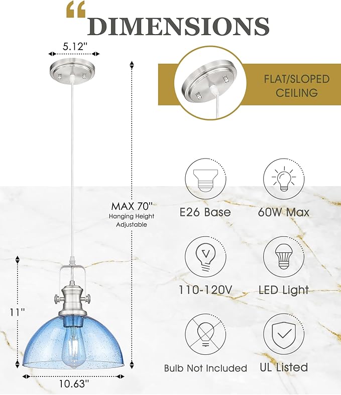 Pendant Lights Kitchen Island, 10.5" Farmhouse Pendant Lighting with Blue Seeded Glass Shade, Vintage Hanging Light Fixtures for Dining Room, Brushed Nickel, AD-22151-1PL-SN-BL