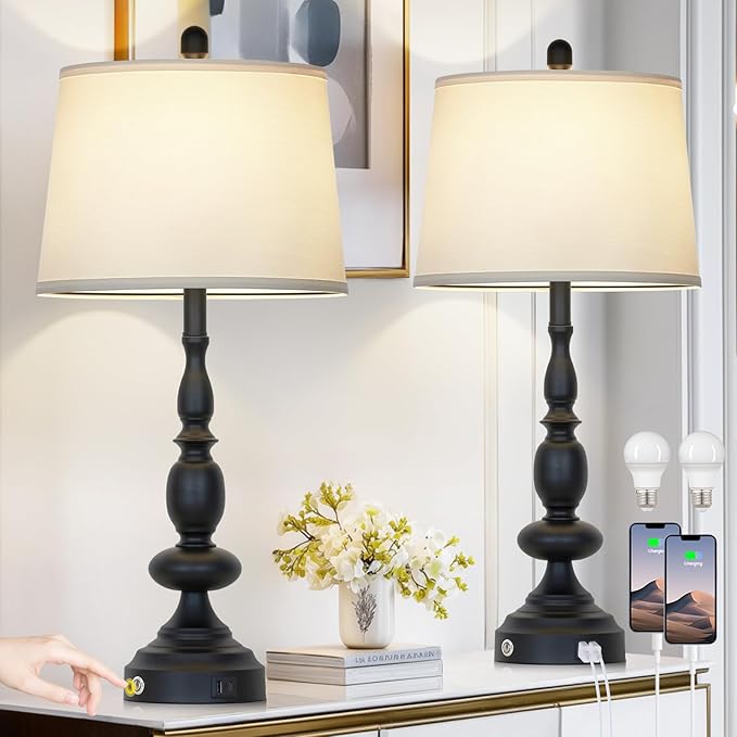 29" Black Modern Table Lamps Set of 2, Industrial Touch Control 3-Way Dimmable Bedside Lamp with USB C+A Ports, Metal Nightstand Lamps for Living Room Bedroom Office Home(2 LED Bulbs Included)