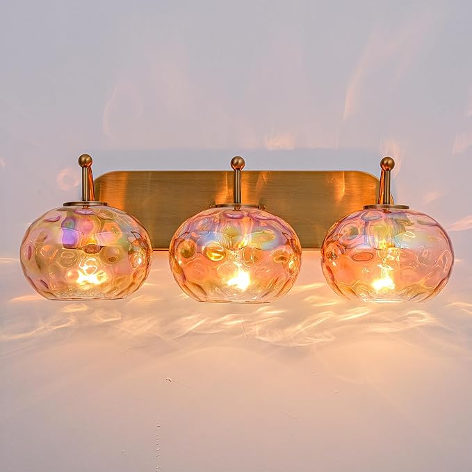 23" Brushed Gold Vanity Light Stained Amber Hammered Glass Wall Sconce 3-Light Brass Wall Lamp for Hallway Living Room Stairwell Bathroom Over Mirror