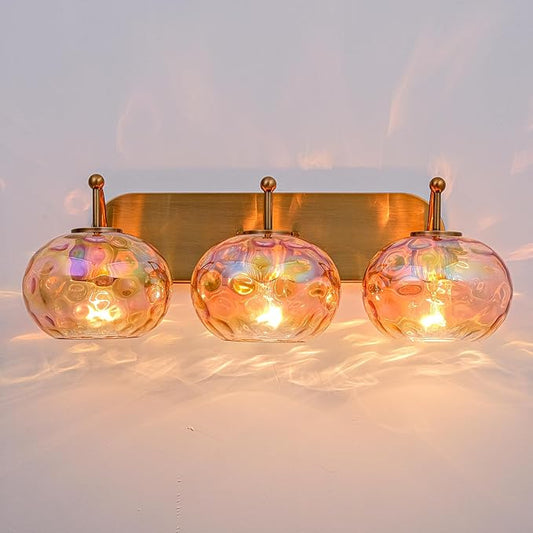 23" Brushed Gold Vanity Light Stained Amber Hammered Glass Wall Sconce 3-Light Brass Wall Lamp for Hallway Living Room Stairwell Bathroom Over Mirror