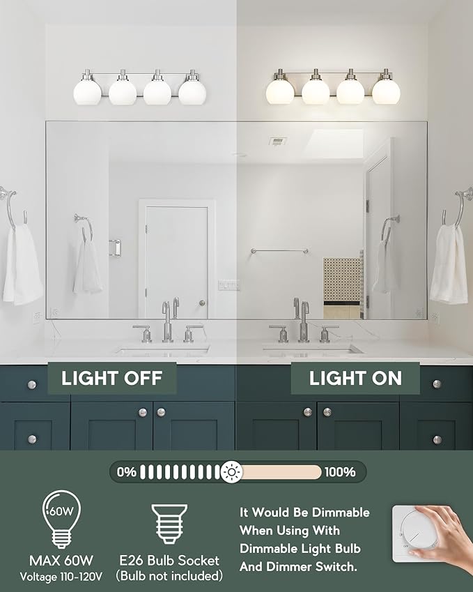 Bathroom Light Fixtures, 4 Light Brushed Nickel Vanity Light, 26 Inch Modern Wall Sconces with Globe Milk White Glass Shade, Vanity Lighting Fixtures Over Mirror, VL195-BN-ML-4