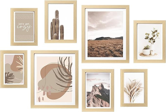 ArtbyHannah Gallery Wall Frame Set,Beige Picture Frames Collage Wall Decor with Neutural Art for Living Room Stariway,8 Pack Assorted Size 8"x10",5"x7",4"x6", Small