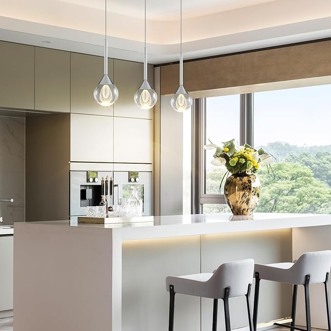 1-Light Teardrop Crystal Pendant Light - Chrome Finish Globe Ceiling Hanging Fixture D3.9 inch LED Pendant Light with Remote ，Raindrop Chandelier for Kitchen Island, Dining Room, Bar