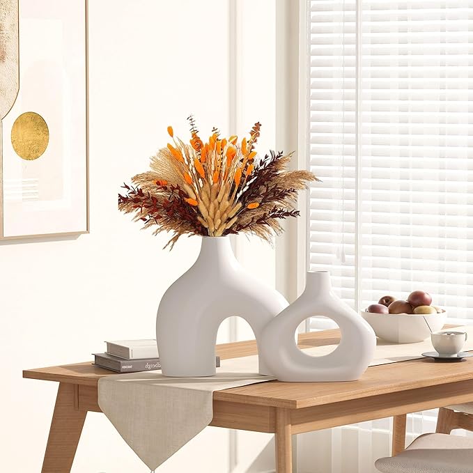 White Ceramic Vase Set of 2, Pampas Grass Vases for Home Decor, Hollow Round Boho Vases for Flowers, Nordic Minimalism Style vase for Living Room Bedroom Shelf Decor